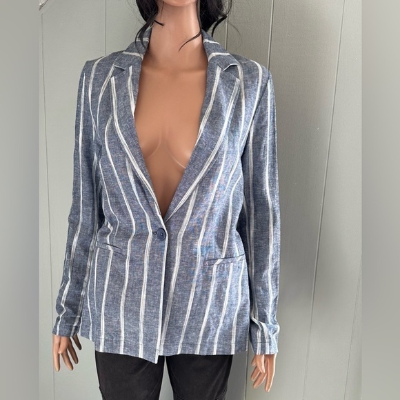 Drew Viscose Linen Blend Striped Blazer Jacket Blue White Size XS NWT - Picture 3 of 9